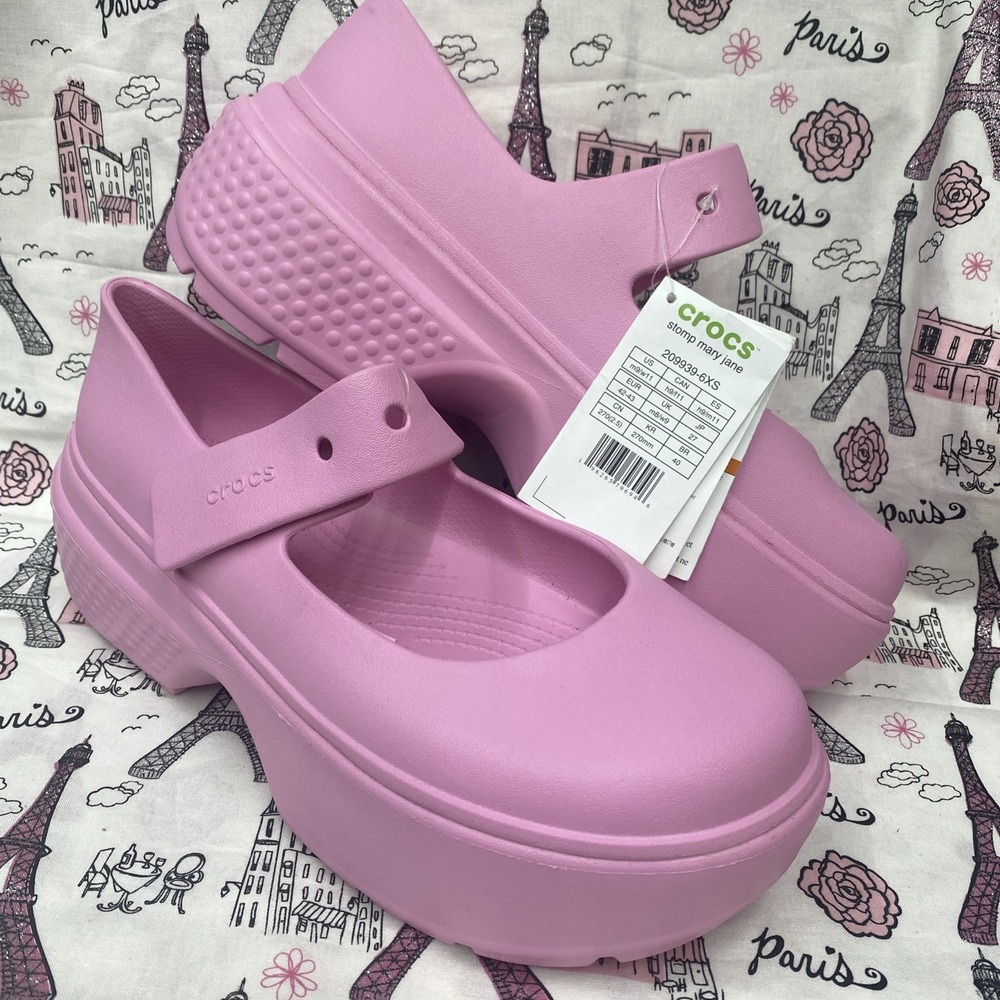 CROCS STOMP MARY JANE SANDAL 209939-6XS PINK TWEED US M9/W11 Brand New No Bag